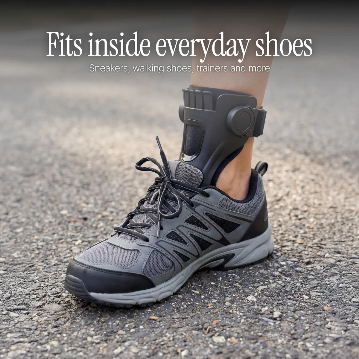 Foot Drop Brace worn inside an everyday walking shoe