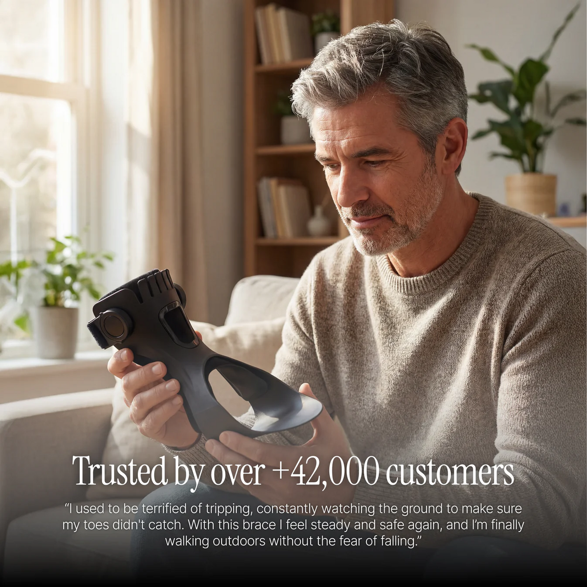 Customer holding Foot Drop Brace with testimonial-style message